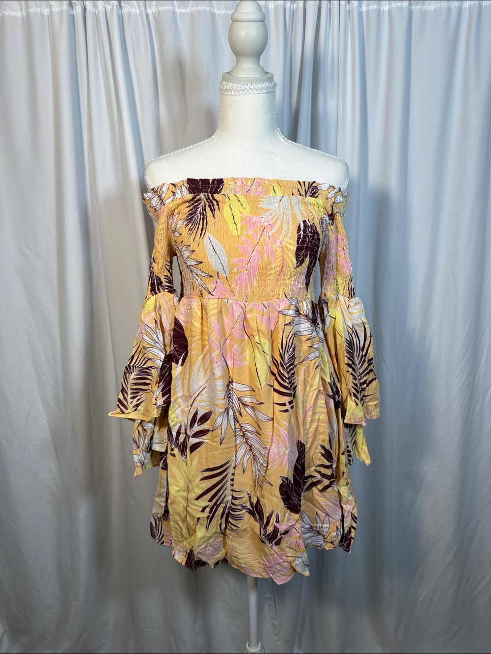 Yellow Tropical-Print Strapless Mini Dress